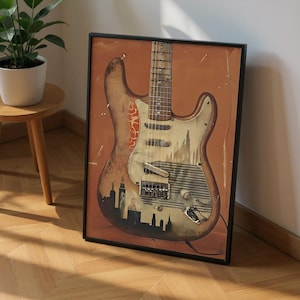 Retro Electric Guitar Wall Art – Vintage 70s Music Poster, Urban Grunge Guitar Print, Musician Gift, Home Studio Decor