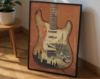Retro Electric Guitar Wall Art – Vintage 70s Music Poster, Urban Grunge Guitar Print, Musician Gift, Home Studio Decor