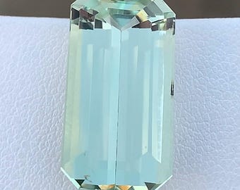 May include: A rectangular, light green gemstone with a faceted top and bottom. The gem has a pale, translucent appearance and is set against a white surface. The gemstone's shape is a long, rectangular prism with multiple facets.