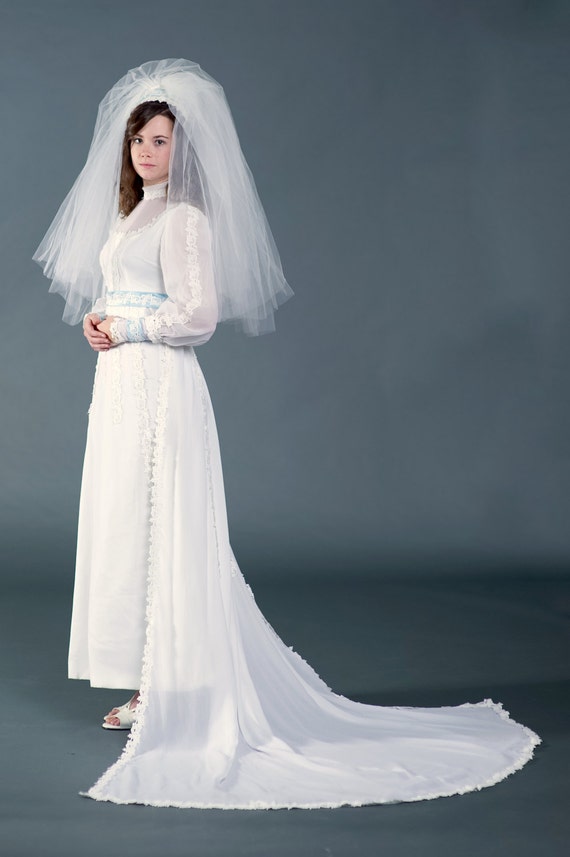 Vtg 1950s wedding dress, bridal gown with blue tr… - image 3