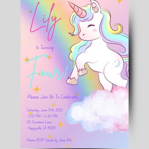 Faire-part d'anniversaire licorne pastel scintillant arc-en-ciel pour filles à télécharger modèle imprimable sur toile carte d'anniversaire pour enfants