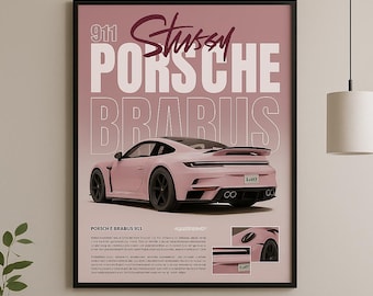 Pink Porsche Brabus 911 Poster, Stussy Art Print, Modern Car Wall Art, Luxury Sports Car Decor, Automotive Gift, Digital Download