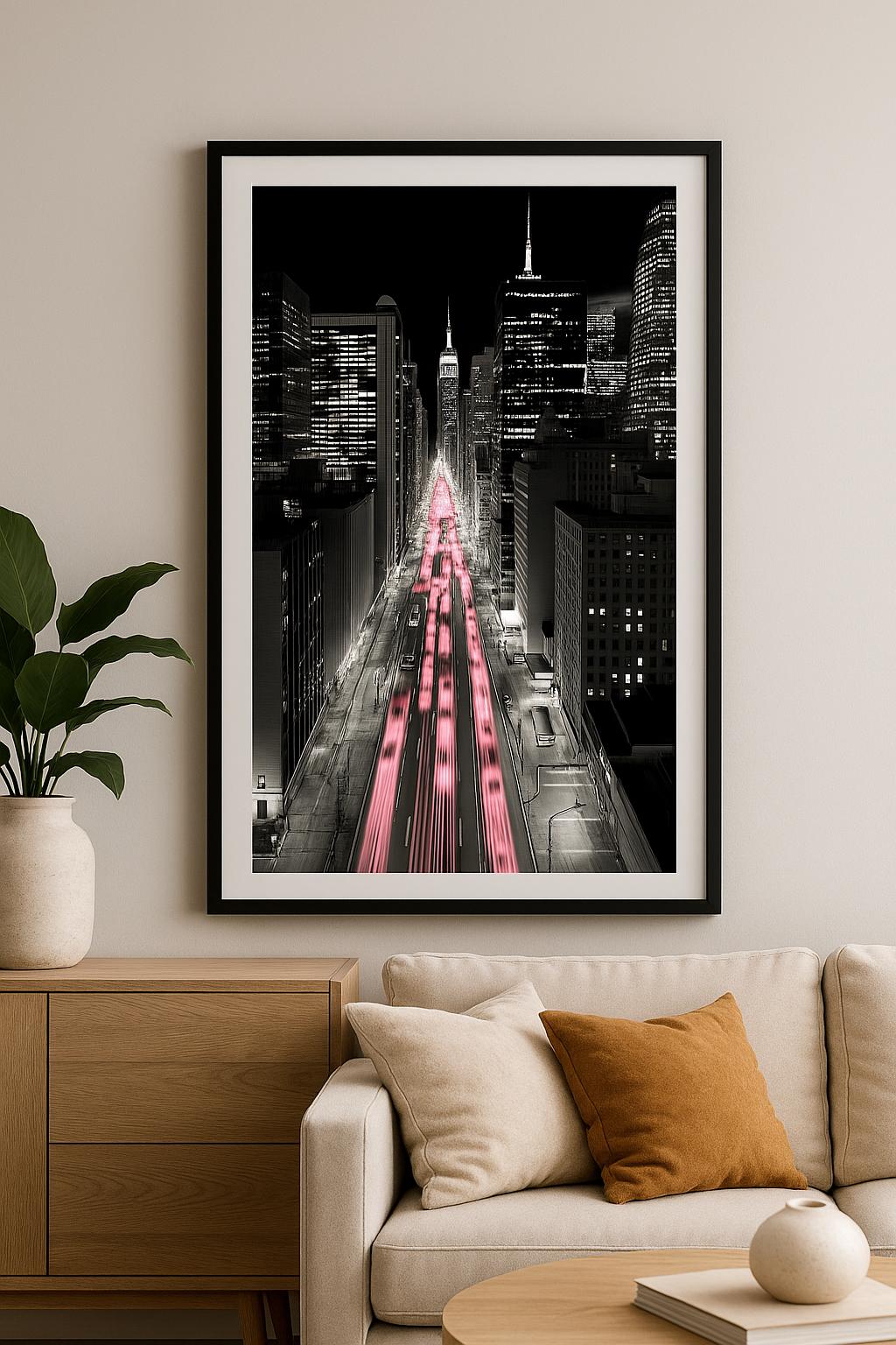 New York City Skyline Art Print, Pink Car Lights, Black and White Photography, Digital Download, Empire State Building Poster, Cityscape