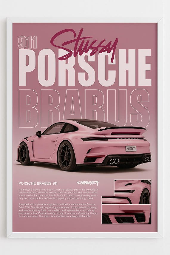Pink Porsche Brabus 911 Poster, Stussy Art Print, Modern Car Wall