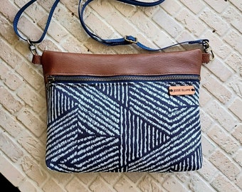 Navy tribal print crossbody bag, genuine leather crossbody, casual zipper crossbody bag adjustable strap