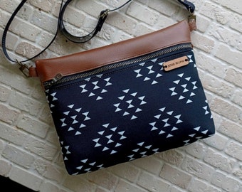 leather crossbody, black aztec purse, handbag, shoulder bag, fannypack, southwest tribal, genuine leather zipper crossbody bag