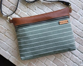 leather zipper crossbody, sage green stripe purse, fannypack, genuine leather everyday purse