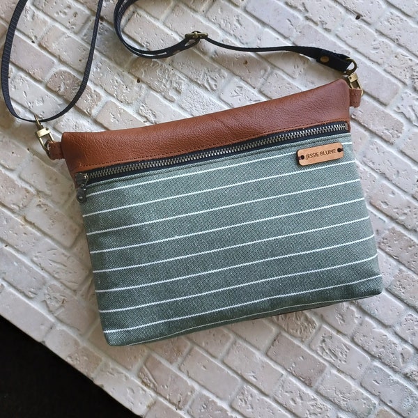 leather zipper crossbody, sage green stripe purse, fannypack, genuine leather everyday purse
