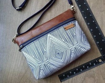 Crossbody purse, navy tribal stripes, genuine leather crossbody bag, handbag, small purse, shoulder bag
