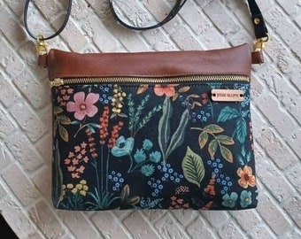 rifle paper co black crossbody zipper adjustable strap genuine leather handbag floral purse