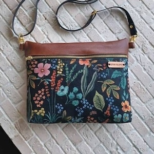 rifle paper co black crossbody zipper adjustable strap genuine leather handbag floral purse