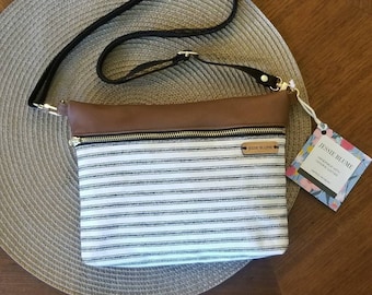 leather crossbody,black stripe purse, handbag, shoulder bag, fannypack, french ticking, genuine leather, made in the usa, leather zip bag