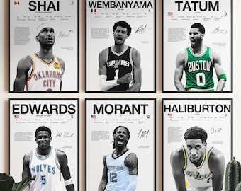 Shai SGA Anthony Edwards Tatum Haliburton Wembanyama Morant Poster Bundle, Basketball Wall Print, Digital Download, Basketball NBA Fan Gift