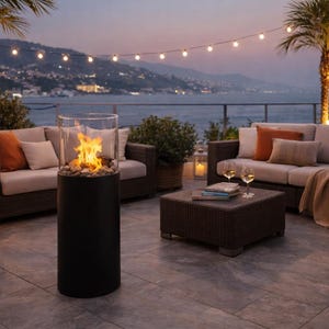 Smokeless Bioethanol Fireplace, Luxury Ethanol Fire Pit with Glass Guard, Mobile Bioethanol Fireplace on Wheels, Round Modern Fire Pit
