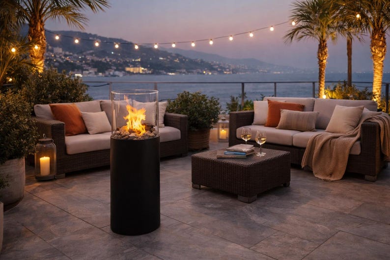 Smokeless Bioethanol Fireplace, Luxury Ethanol Fire Pit with Glass Guard, Mobile Bioethanol Fireplace on Wheels, Round Modern Fire Pit