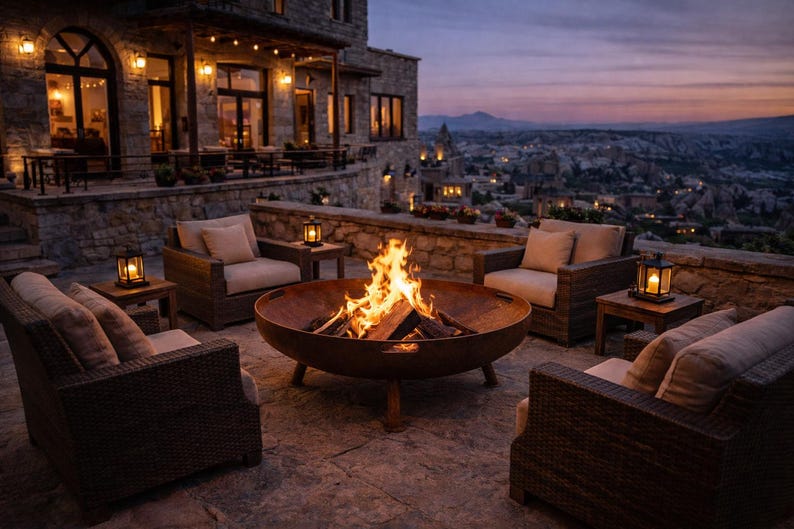 Image showcasing Luxury Outdoor Fire Pit Bowl, Heavy Steel Garden Fire Pit, Rustic Hotel ...