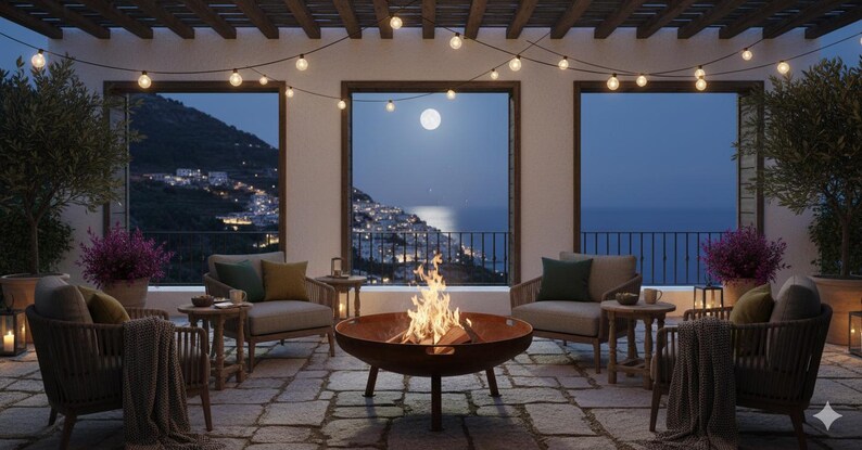 View of Luxury Outdoor Fire Pit Bowl, Heavy Steel Garden Fire Pit, Rustic Hotel ...