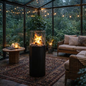 Smokeless Bioethanol Fireplace, Luxury Ethanol Fire Pit with Glass Guard, Mobile Bioethanol Fireplace on Wheels, Round Modern Fire Pit