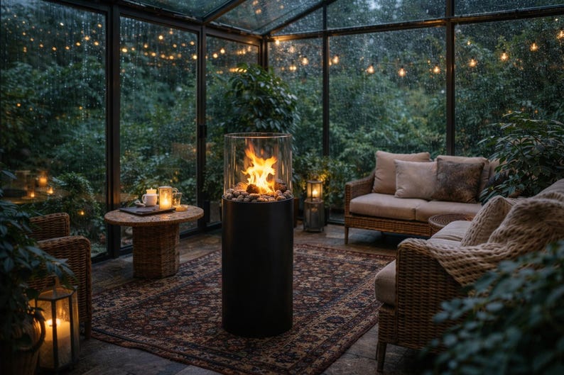 Smokeless Bioethanol Fireplace, Luxury Ethanol Fire Pit with Glass Guard, Mobile Bioethanol Fireplace on Wheels, Round Modern Fire Pit