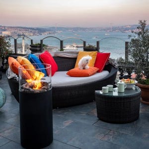 Smokeless Bioethanol Fireplace, Luxury Ethanol Fire Pit with Glass Guard, Mobile Bioethanol Fireplace on Wheels, Round Modern Fire Pit