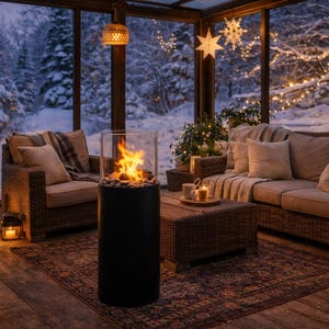 Smokeless Bioethanol Fireplace, Luxury Ethanol Fire Pit with Glass Guard, Mobile Bioethanol Fireplace on Wheels, Round Modern Fire Pit