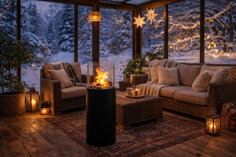 Smokeless Bioethanol Fireplace, Luxury Ethanol Fire Pit with Glass Guard, Mobile Bioethanol Fireplace on Wheels, Round Modern Fire Pit