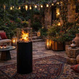 Smokeless Bioethanol Fireplace, Luxury Ethanol Fire Pit with Glass Guard, Mobile Bioethanol Fireplace on Wheels, Round Modern Fire Pit