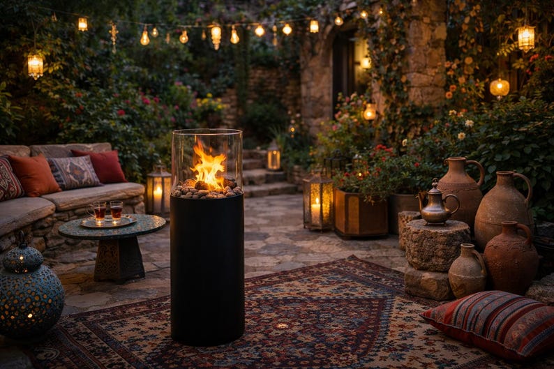 Smokeless Bioethanol Fireplace, Luxury Ethanol Fire Pit with Glass Guard, Mobile Bioethanol Fireplace on Wheels, Round Modern Fire Pit