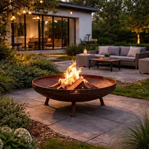 以下が含まれることがあります： 石畳のパティオに置かれた、丸い錆びた茶色の焚き火台。 燃える火と丸太が入っています。 焚き火台には短い脚が3本あります。 背景には家、屋外用家具、ストリングライトがあります。