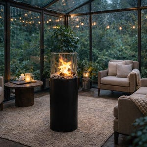 Smokeless Bioethanol Fireplace, Luxury Ethanol Fire Pit with Glass Guard, Mobile Bioethanol Fireplace on Wheels, Round Modern Fire Pit