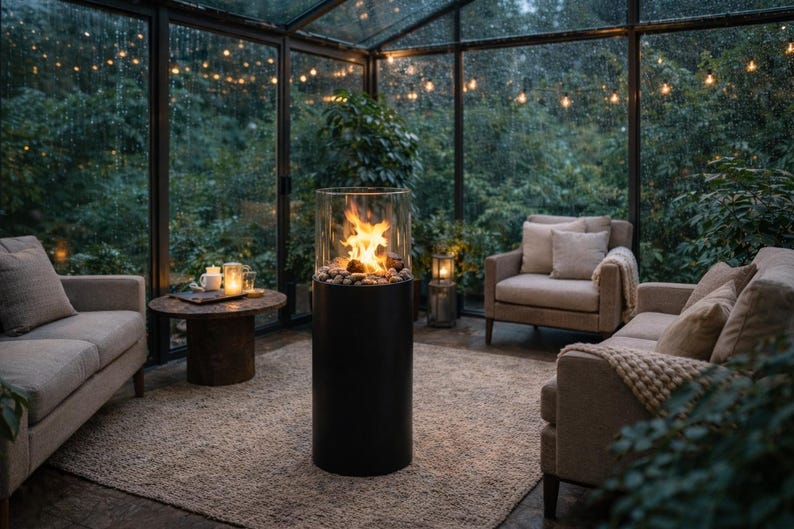 Smokeless Bioethanol Fireplace, Luxury Ethanol Fire Pit with Glass Guard, Mobile Bioethanol Fireplace on Wheels, Round Modern Fire Pit