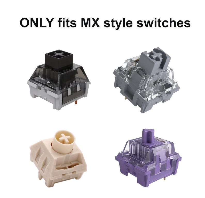 May include: Four mechanical keyboard switches in different colors: black, gray, cream, and purple. Each switch has a clear plastic housing and a colored stem. The text "ONLY fits MX style switches" is at the top.