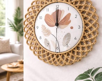 Rattan Wall Clock – Floral Design, Natural Home Accent, Silent Mechanism