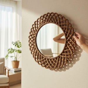 Peut inclure: Miroir décoratif rond avec un cadre tissé de couleur naturelle. Le miroir est accroché à un mur beige. Le cadre présente un motif détaillé et texturé. Le miroir reflète une pièce avec une chaise et une plante.