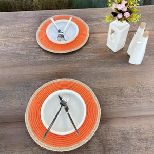 Orange Placemats - Bohem Placemat - Colorful Tableware - Rustic Round Placemat - Decorative Boho Placemat - Cotton Placemat - Jute Placemat
