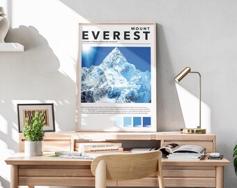 Op de afbeelding: Een ingelijste poster met een afbeelding van Mount Everest, met de tekst "MOUNT EVEREST" bovenaan. De poster staat op een houten bureau, samen met een kleine plant, een gouden bureaulamp en boeken.