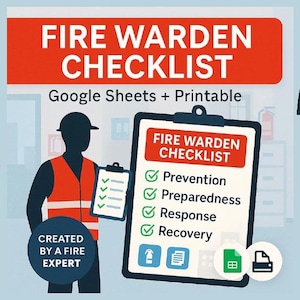 Checkliste für Feuerwehrmeister | Notfallsicherheitsplan | Google Sheets & druckbares PDF | Arbeitsplatz Fire Drill Log Warden Guide