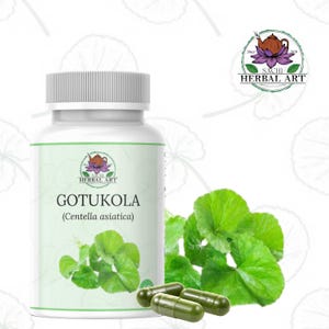Può includere: Una bottiglia bianca di capsule di Gotukola con capsule verdi e foglie fresche di Gotukola. La bottiglia ha un'etichetta verde con la scritta "GOTUKOLA (Centella asiatica)" e un logo. L'immagine è su sfondo bianco.