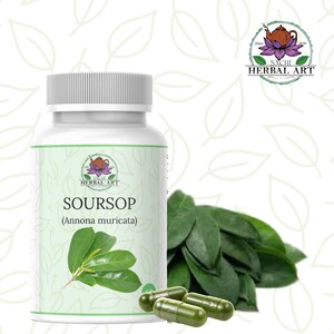 May include: A white bottle of Soursop capsules with green capsules in front. The bottle has a green label with the text "Soursop (Annona muricata)" and a logo. Green soursop leaves are behind the bottle.