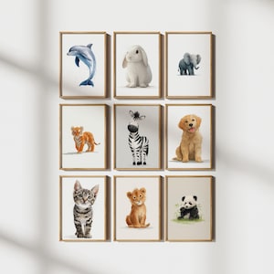 Set of 9 Cute Baby Animals Nursery Wall Art, Watercolor Safari Printable, Digital Download, Baby Room Decor | Digital Prints