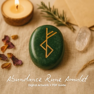 Könnte beinhalten: Ein grünes, ovales Steinamulett mit einem goldenen Runensymbol, beschriftet mit "Abundance Rune Amulet". Das Bild zeigt eine brennende Kerze, getrocknete Blütenblätter, einen Rosmarinzweig und einen klaren Kristall, alles auf einem beigen Tuch angeordnet.