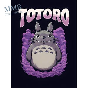 May include: Illustration of Totoro, a large, gray forest spirit, smiling with whiskers and a light-colored belly. The word "TOTORO" is written in large, purple letters above the character. The background is dark with purple cloud-like shapes.