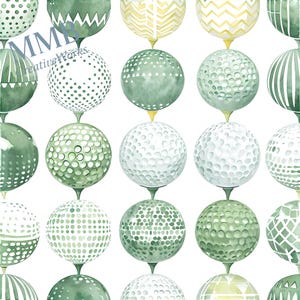 May include: Watercolor pattern of golf balls in shades of green, white, and yellow. The golf balls have various designs, including dots, stripes, and geometric patterns. The background is white.