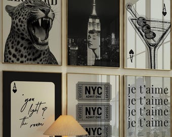 Set of 6 Gallery Wall Print – Black And White Fashion Print, NYC Wall Art, Trendy Aesthetic Chic Y2K Apartment Decor, Collage Print