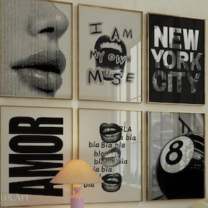 Set of 6 Gallery Wall Print – Fashion Print, NYC Wall Art, Trendy Aesthetic Chic Y2K Apartment Decor, Black And White Funky Art,