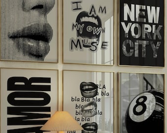 Set of 6 Gallery Wall Print – Fashion Print, NYC Wall Art, Trendy Aesthetic Chic Y2K Apartment Decor, Black And White Funky Art,