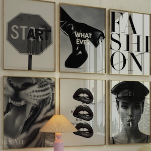 Black & White Gallery Wall Print – Fashion Print, Chic Apartment Decor, Trendy Aesthetic Chic Y2K Apartment Decor, Black And White Funky Art