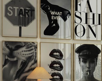 Impresión de pared de galería en blanco y negro: impresión de moda, decoración elegante para apartamentos, decoración elegante y moderna para apartamentos Y2K, arte funky en blanco y negro