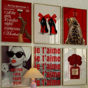 Red Girly Leopard Wall Art Set, Red Y2k Gallery Wall Set, Stylish And Cool Girly Red Aesthetic Art for Dorm Room, Leopard & Collage Print