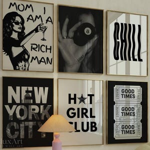 Set of 6 Trendy Black and White Gallery Wall Art, Aesthetic  Chic Apartment Decor, Mom I Am A Rich Man, Stylish Fashion Print, Y2K Wall Art